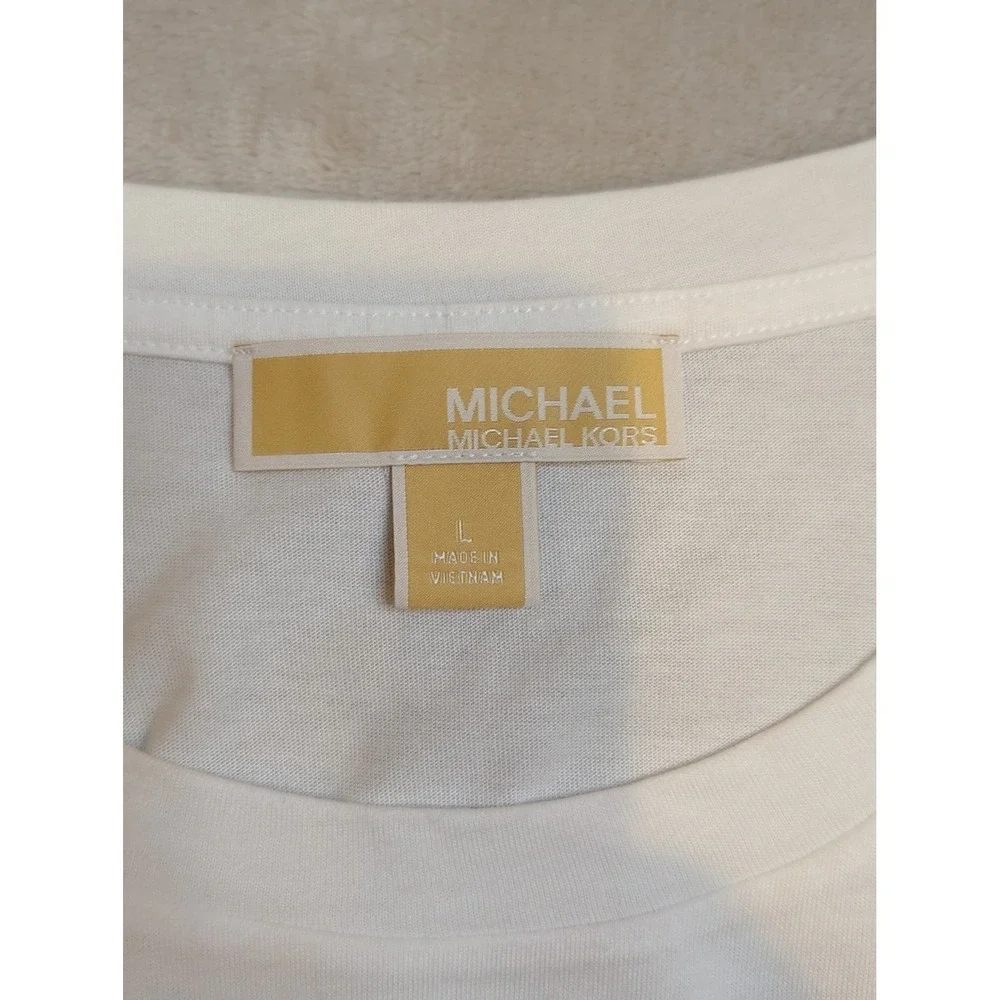 Michael Kors White Ruffle Sleeve Top Womens L Gold Logo‎ Stretch Tee